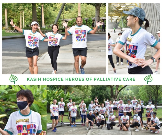 Montage of runners in KHF "Heroes of Palliative Care" T-shirts, running and with SOP group photo.